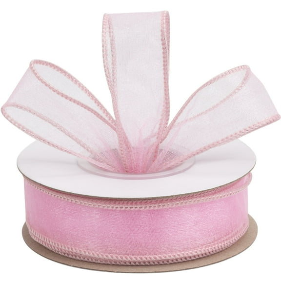 Joycrosso 1 Inch Lt. Pink Wired Organza Ribbon - 20 Yards Sheer Decorative Ribbon for Gift Wrapping, Wedding Decor, Christmas Tree, Crafts & DIY Projects