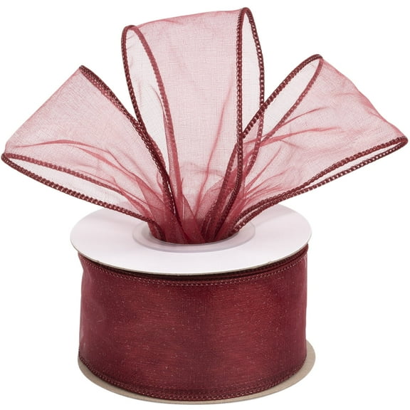Joycrosso 2 Inch Burgundy Wired Organza Ribbon - 20 Yards Sheer Decorative Ribbon for Gift Wrapping, Wedding Decor, Christmas Tree, Crafts & DIY Projects