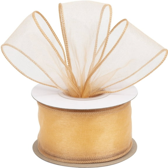Joycrosso 2 Inch Gold Wired Organza Ribbon - 20 Yards Sheer Decorative Ribbon for Gift Wrapping, Wedding Decor, Christmas Tree, Crafts & DIY Projects