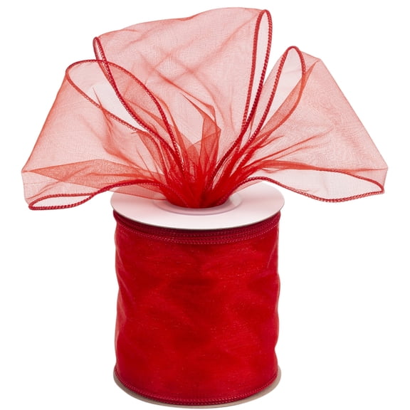 Joycrosso 4 Inch Red Wired Organza Ribbon - 20 Yards Sheer Decorative Ribbon for Gift Wrapping, Wedding Decor, Christmas Tree, Crafts & DIY Projects