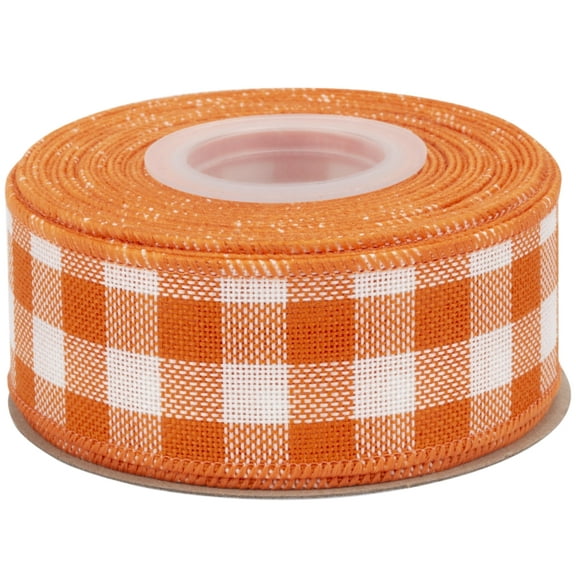 Joycrosso Wired-Edge Checkered Burlap Ribbon, 1.5 Inch x 10 Yard, Orange/White, Buffalo Plaid Ribbon for Gift wrapping, Christmas Decorations, Wreaths, Big Bows, Rustic Farmhouse Holiday Decoration