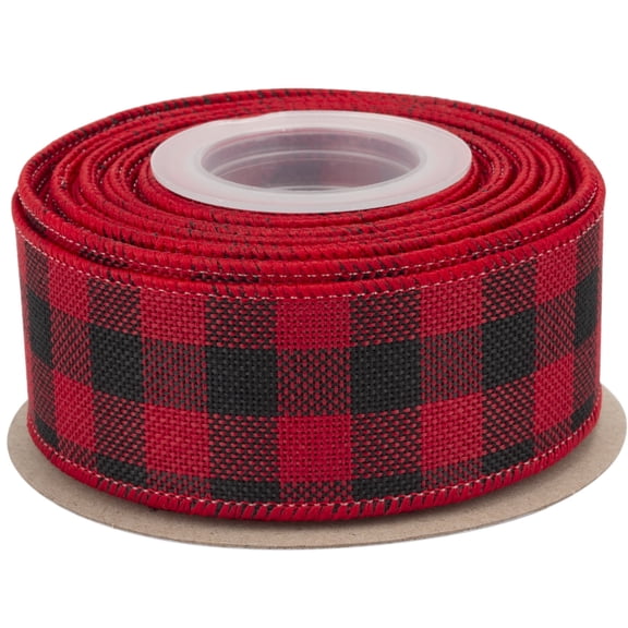 Joycrosso Wired-Edge Checkered Burlap Ribbon, 1.5 Inch x 10 Yard, Red/Black, Buffalo Plaid Ribbon for Gift wrapping, Christmas Decorations, Wreaths, Big Bows, Rustic Farmhouse Holiday Decoration