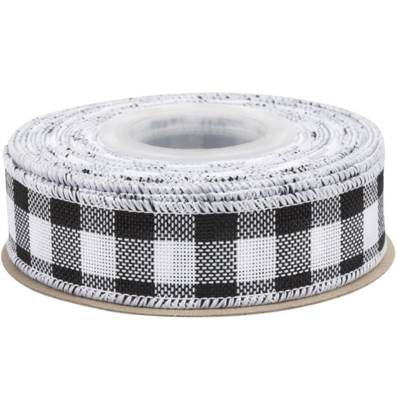 Joycrosso Wired-Edge Checkered Burlap Ribbon, 1 Inch x 10 Yard, Black/White, Buffalo Plaid Ribbon for Gift wrapping, Christmas Decorations, Wreaths, Big Bows, Rustic Farmhouse Holiday Decoration