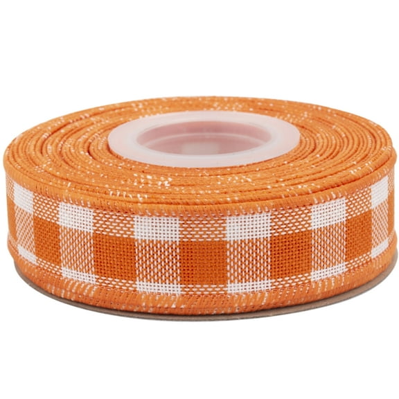 Joycrosso Wired-Edge Checkered Burlap Ribbon, 1 Inch x 10 Yard, Orange/White, Buffalo Plaid Ribbon for Gift wrapping, Christmas Decorations, Wreaths, Big Bows, Rustic Farmhouse Holiday Decoration