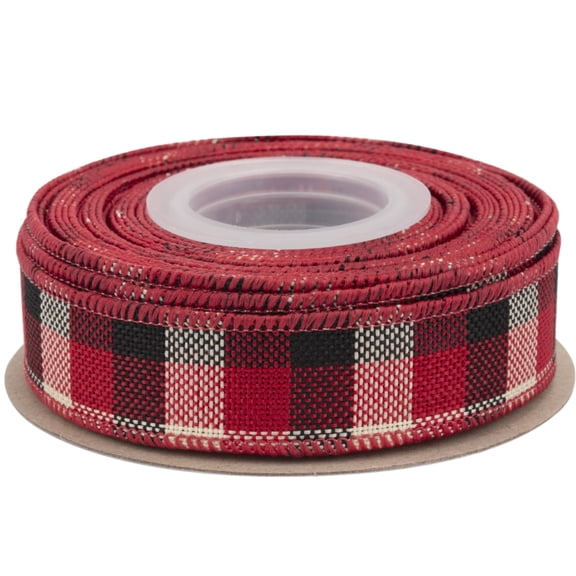 Joycrosso Wired-Edge Checkered Burlap Ribbon, 1 Inch x 10 Yard, Red/Black/White, Buffalo Plaid Ribbon for Gift wrapping, Christmas Decorations, Wreaths, Big Bows, Rustic Farmhouse Holiday Decoration