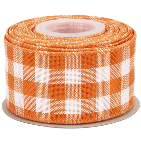 Joycrosso Wired-Edge Checkered Burlap Ribbon, 2 Inch x 10 Yard, Orange/White, Buffalo Plaid Ribbon for Gift wrapping, Christmas Decorations, Wreaths, Big Bows, Rustic Farmhouse Holiday Decoration