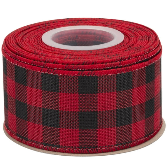 Joycrosso Wired-Edge Checkered Burlap Ribbon, 2 Inch x 10 Yard, Red/Black, Buffalo Plaid Ribbon for Gift wrapping, Christmas Decorations, Wreaths, Big Bows, Rustic Farmhouse Holiday Decoration