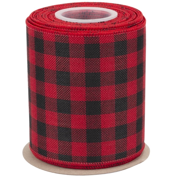 Joycrosso Wired-Edge Checkered Burlap Ribbon, 4 Inch x 10 Yard, Red/Black, Buffalo Plaid Ribbon for Gift wrapping, Christmas Decorations, Wreaths, Big Bows, Rustic Farmhouse Holiday Decoration