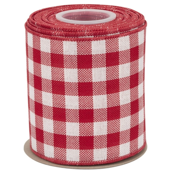 Joycrosso Wired-Edge Checkered Burlap Ribbon, 4 Inch x 10 Yard, Red/White, Buffalo Plaid Ribbon for Gift wrapping, Christmas Decorations, Wreaths, Big Bows, Rustic Farmhouse Holiday Decoration