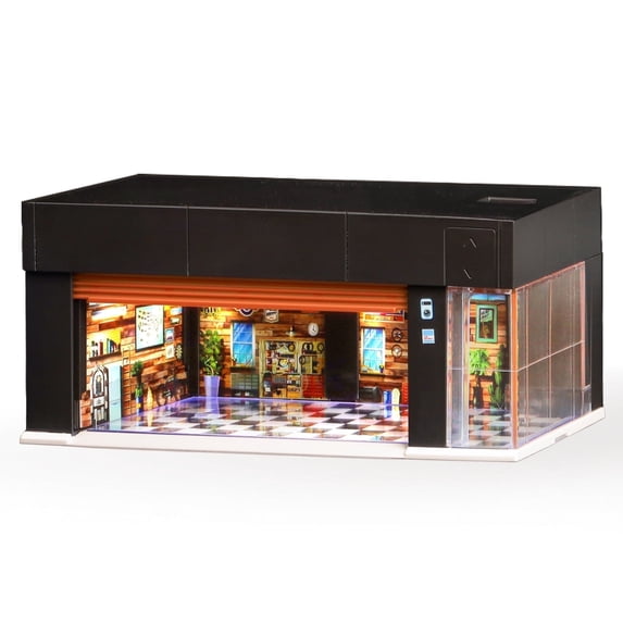 Joycrown 1/64 Scale Diecast Display Case Storage with LED Lights, Stackable Electric Garage with Voice Control, 3 Replaceable 3D Scenes Parking Lot Diorama for Model Cars (Brown)