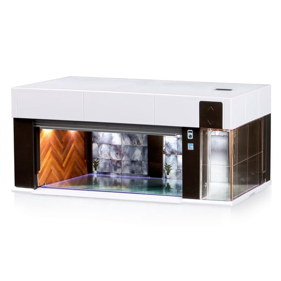 Joycrown 1/64 Scale Diecast Display Case Storage with LED Lights, Stackable Electric Garage with Voice Control, 3 Replaceable 3D Scenes Parking Lot Diorama for Model Cars (White)