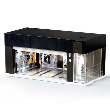 Joycrown 1/64 Scale Diecast Display Case Storage with LED Lights, Stackable Electric Garage with Voice Control, 3 Replaceable 3D Scenes Parking Lot Diorama for Model Cars (Black)