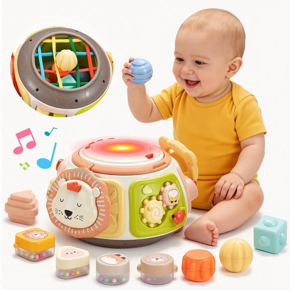 Joycrown 7-in-1 Baby Activity Cube Drum with Music & Light , Montessori Learning Toys with 9 Sensory Shape Sorter,Christmas Birthday Shower Gifts for Toddler Kids Boys Girls Age 18 Months+(Yellow)