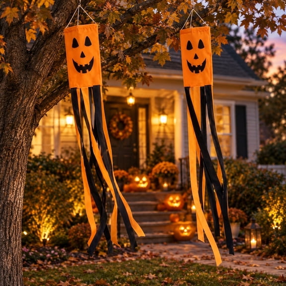 Joyesplay 2 Pieces Halloween Windsock Flag 39 in Spooky Cartoon Wind Socks Pumpkin Outdoor Hanging Decor Halloween Yard Signs