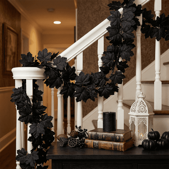 Joyesplay 4 Pcs Black Maple Leaf Garland Halloween Artificial Fall Leave Vines | 6.5FT, Fall Floral Garlands Thanksgiving Decor for Home Wedding Party