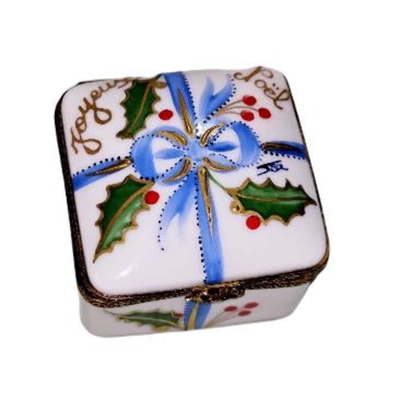 Joyeux Noel Blue Ribbon Christmas Square Box | Limoges Limoges Box Porcelain Figurine