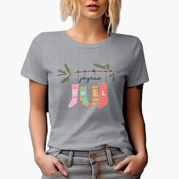 Joyeux Noel, Merry Christmas in French with Stockings Art Merch Gift, Heather Grey T-Shirt, Large
