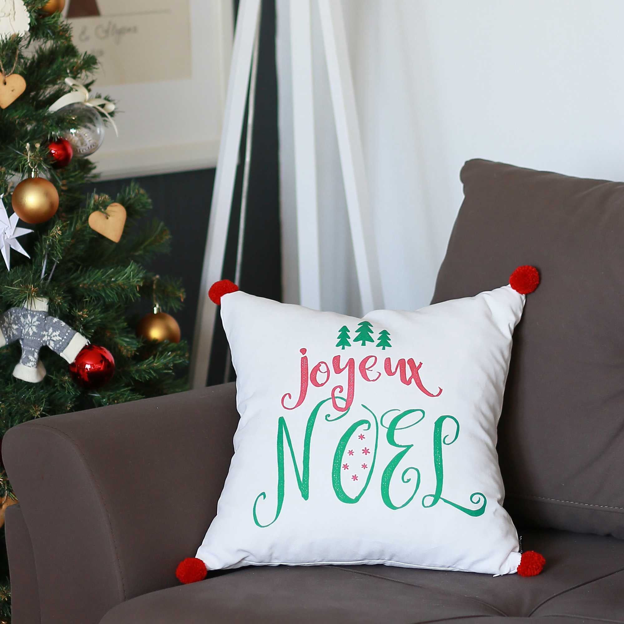 Joyeux Noel White Polyester Christmas Throw Pillow Cover