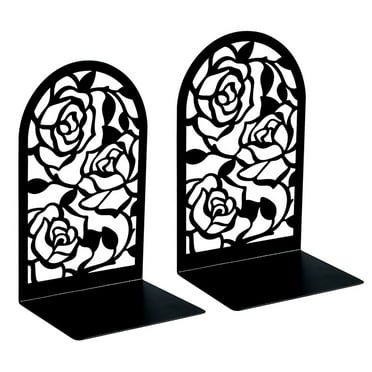 Joyfeel 1 Pairs Metal Bookends Hollow Rose Flower Design Bookends Heavy Duty Book Supports Non-Skid Book Stoppers