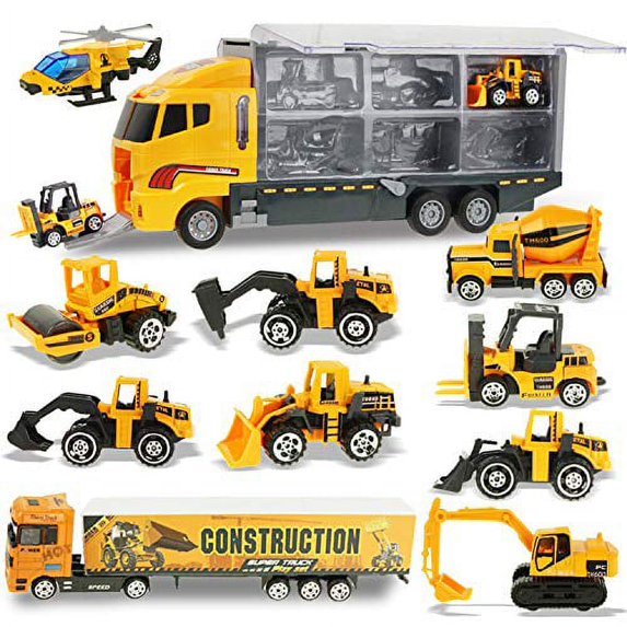 Joyfia 11 in 1 Die-cast Construction Truck Vehicle Car Toy Set Play Vehicles in Carrier Truck, Alloy Metal Car Model Excavator Dumper Bulldozer Road Roller for Kids Boys Girls