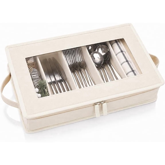 Joyfol Day Flatware Utensil Storage Case, Beige Silverware Storage Box Chest with Adjustable Dividers, Removable Cutlery Storage Holder with Zipper Lid for Organizing Spoon/Flatware/Knives