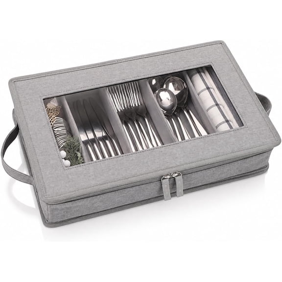Joyfol Day Flatware Utensil Storage Case, Grey Silverware Box Chest with Adjustable Dividers, Removable Cutlery Holder Zipper Lid for Organizing Spoon/Flatware/Knives