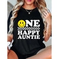 thumbnail image 1 of Joyful Auntie - Themed Patterned Tee,Tops Boasts "ONE HAPPY AUNTIE" Text and Smiley Face & Checkerboard Accents, Round Neck Oversized T - shirts, Size(S - 5XL), 1 of 5