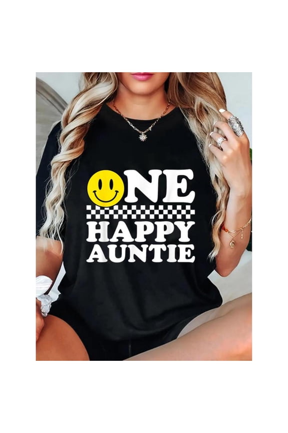 Joyful Auntie - Themed Patterned Tee,Tops Boasts "ONE HAPPY AUNTIE" Text and Smiley Face & Checkerboard Accents, Round Neck Oversized T - shirts, Size(S - 5XL)