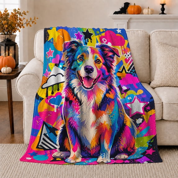 Joyful Australian Shepherd Graffiti Dog Portrait, Dramatic Pet Portrait Pattern, Warm Flannel Blanket for Living Room and Bedroom, Dog Lovers Just Because Gift, Pet Lover Home Decor