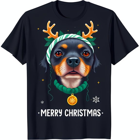 Joyful Cartoon Rottweiler in Santa Hat & Antlers Festive Black T-Shirt