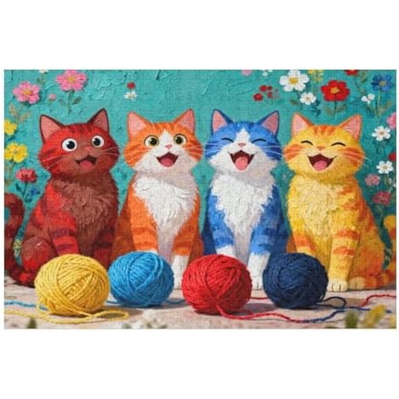 Joyful Cat Quilted Patchwork 500 Piece Jigsaw Puzzle for Adults, Cat Themed DIY Craft, Challenging Family Fun Brain Teaser, Educational Project for Teens, Home Decor Accent