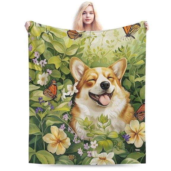 Joyful Corgi Blanket Flower Garden Flannel Throw Blanket 50x40