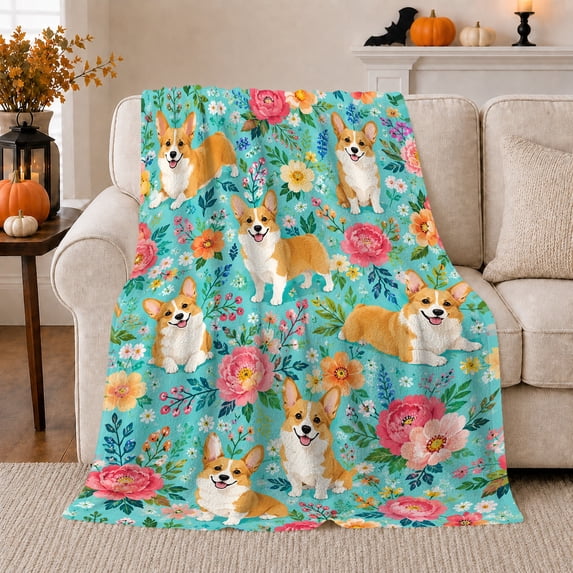 Joyful Corgi Botanical Garden, Playful Pet Portrait Pattern, Warm Flannel Blanket for Living Room and Bedroom, Dog Lovers Just Because Gift, Pet Lover Home Decor