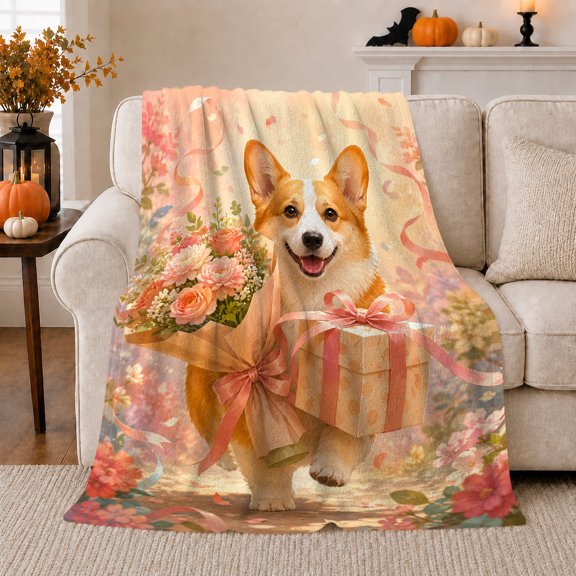 Joyful Corgi Dog Bouquet Box Dog Lover Birthday, Cozy Pet Portrait Pattern, Warm Flannel Blanket for Living Room and Reading Nook, Dog Lovers Friendship Gift, Pet Lover Home Decor