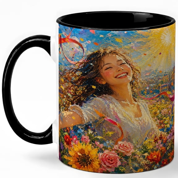 Joyful Flower Field 11oz Ceramic Mug, Sunshine Floral Coffee Cup