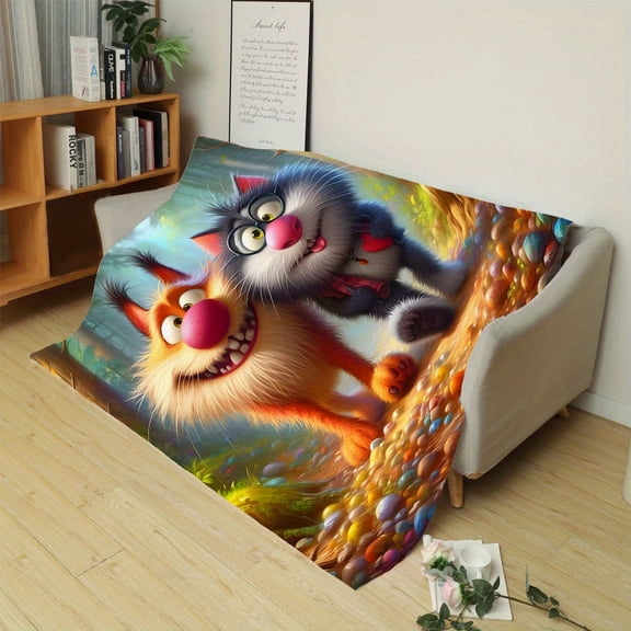 Joyful Furry Friends Flannel Throw Blanket - Digital Print, Soft Polyester, Luxurious Texture, Ideal for Christmas & Halloween Gift, Contemporary Style with Vibrant Mixed Colors, Fits All Seasons