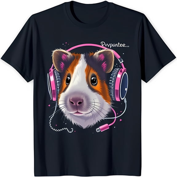 Joyful Guinea Pig with Pink Headphones Graphic on Stylish Black T-Shirt