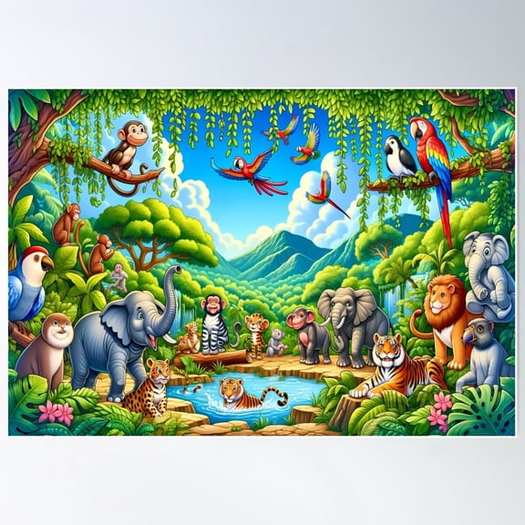 Joyful Jungle Animals Jigsaw Puzzle Poster Wall Art, Modern Wall Decor For Living Room Bedroom, 8x12 UNFRAMED
