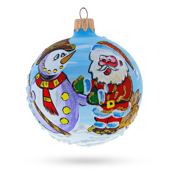 Joyful Laughing Santa with Snowman Glass Ball Ornament 3.25 Inches