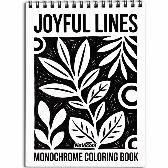 Joyful Lines Monochrome Coloring Book Spiral Bound for Adult, Softcover, Relaxing One-Color Illustrations with Flowing Waves, Leaves and Abstract Patterns for Mindfulness, Stress Relief