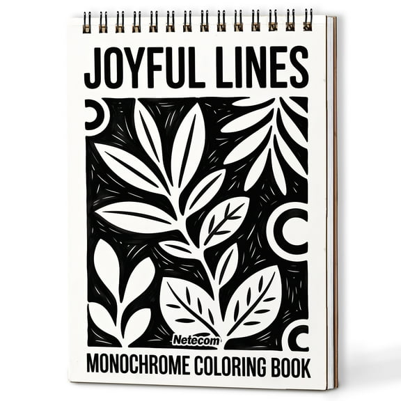 Joyful Lines Monochrome Coloring Book Spiral Bound for Adults, A5 Wooden Cover, Relaxing One-Color Illustrations with Flowing Waves, Leaves and Abstract Patterns for Mindfulness