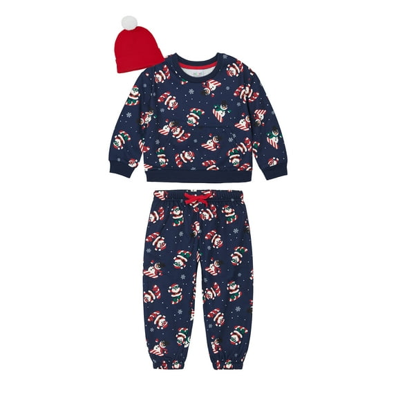 Joyful Moments Toddler Boys Santa and Snowman Sweatshirt, Jogger and Beanie, 3-Piece Set, Sizes 12M-5T