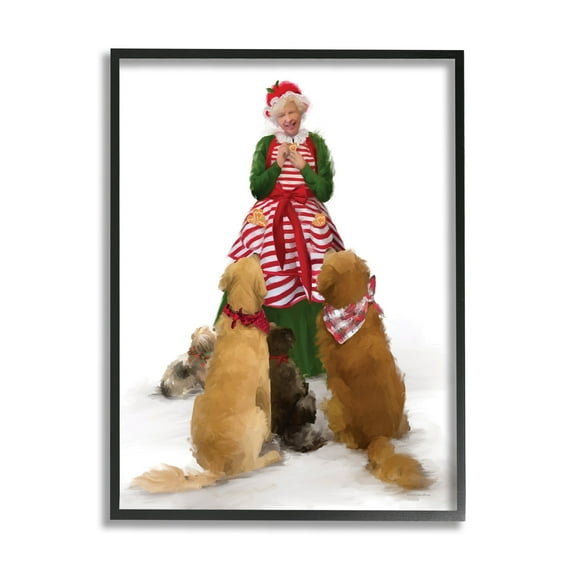 Joyful Mrs. Claus & Dogs Holiday Christmas Illustration Animals & Insects Painting Framed Art Print Wall Art