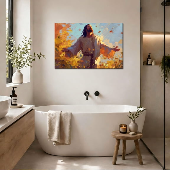 "Joyful Praise" Faith Canvas Art, Jesus Christ in Autumn Leaves Palette Knife Painting Print, Matte Finish Gallery Wrapped Christian Wall Decor 8*12