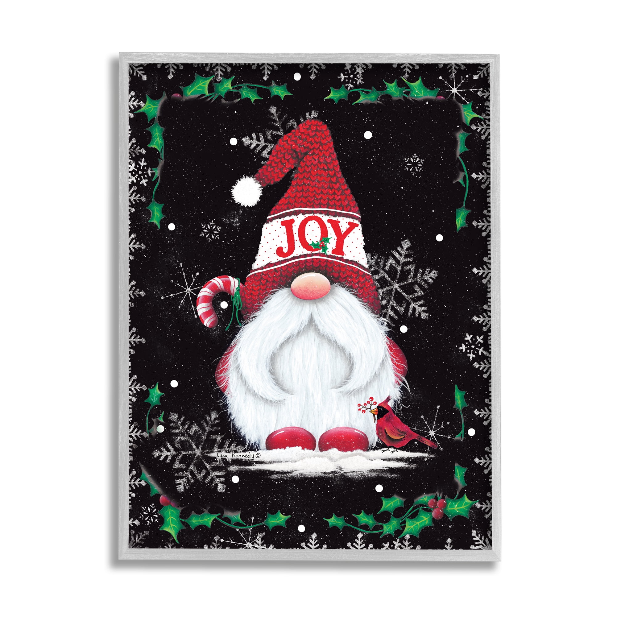 Joyful Red Gnome & Cardinal Holly Botanical Border Fairy Tales & Fantasy Graphic Art Framed Art Print Wall Art