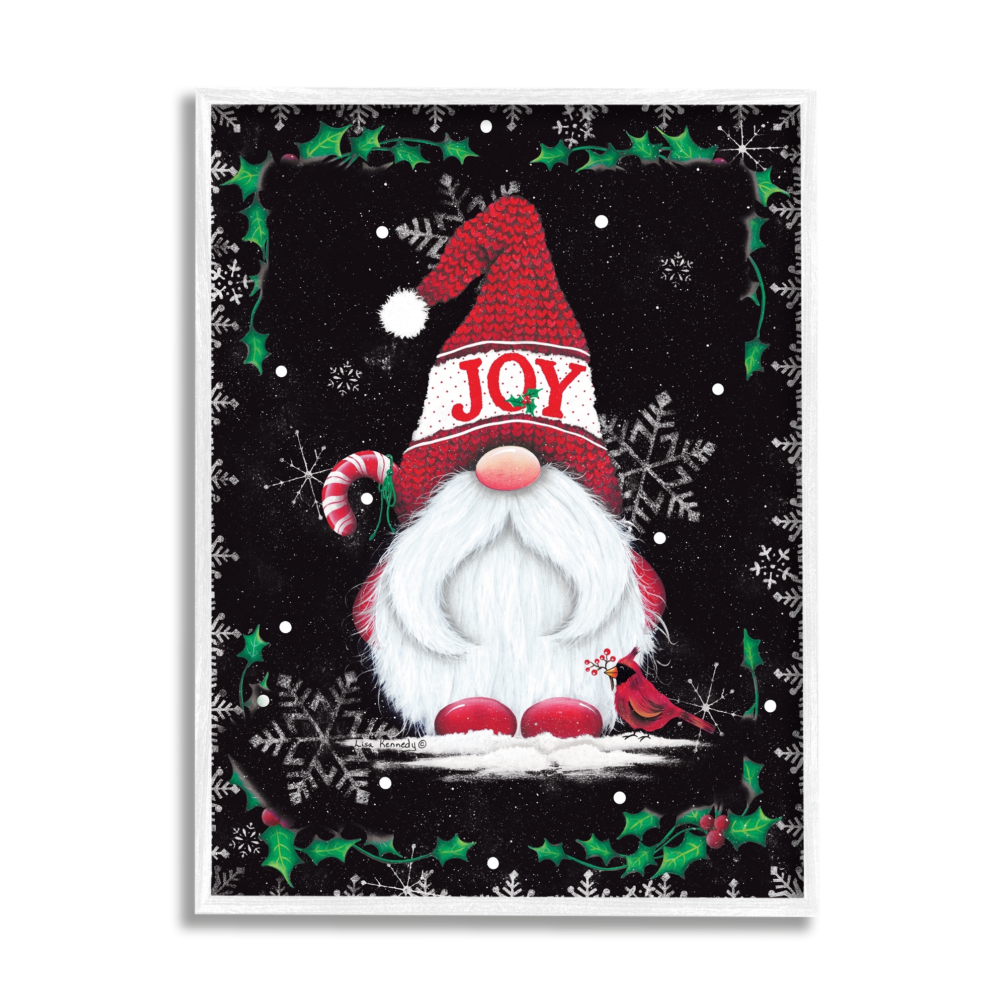 Joyful Red Gnome & Cardinal Holly Botanical Border Fairy Tales & Fantasy Graphic Art Framed Art Print Wall Art