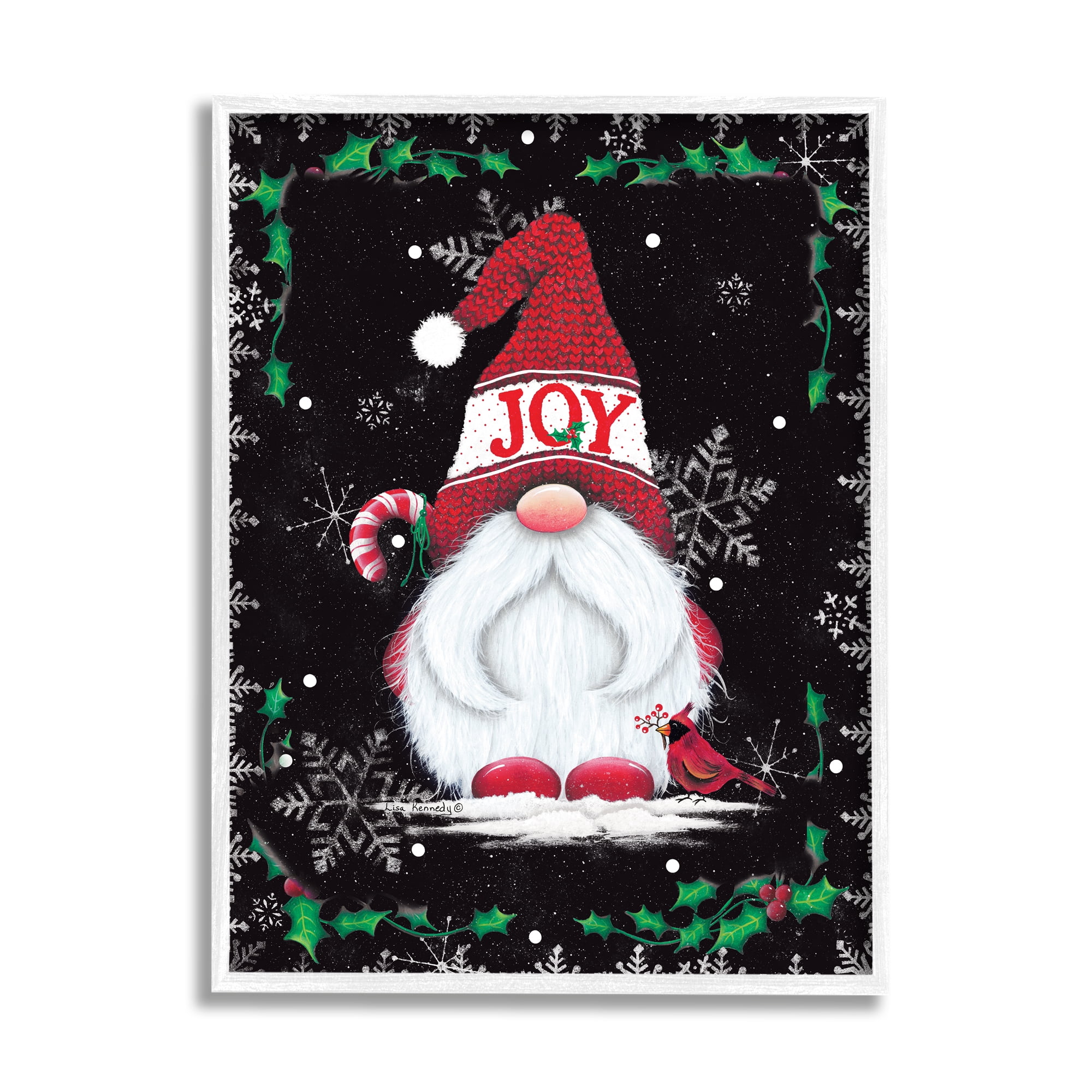Joyful Red Gnome & Cardinal Holly Botanical Border Fairy Tales & Fantasy Graphic Art Framed Art Print Wall Art