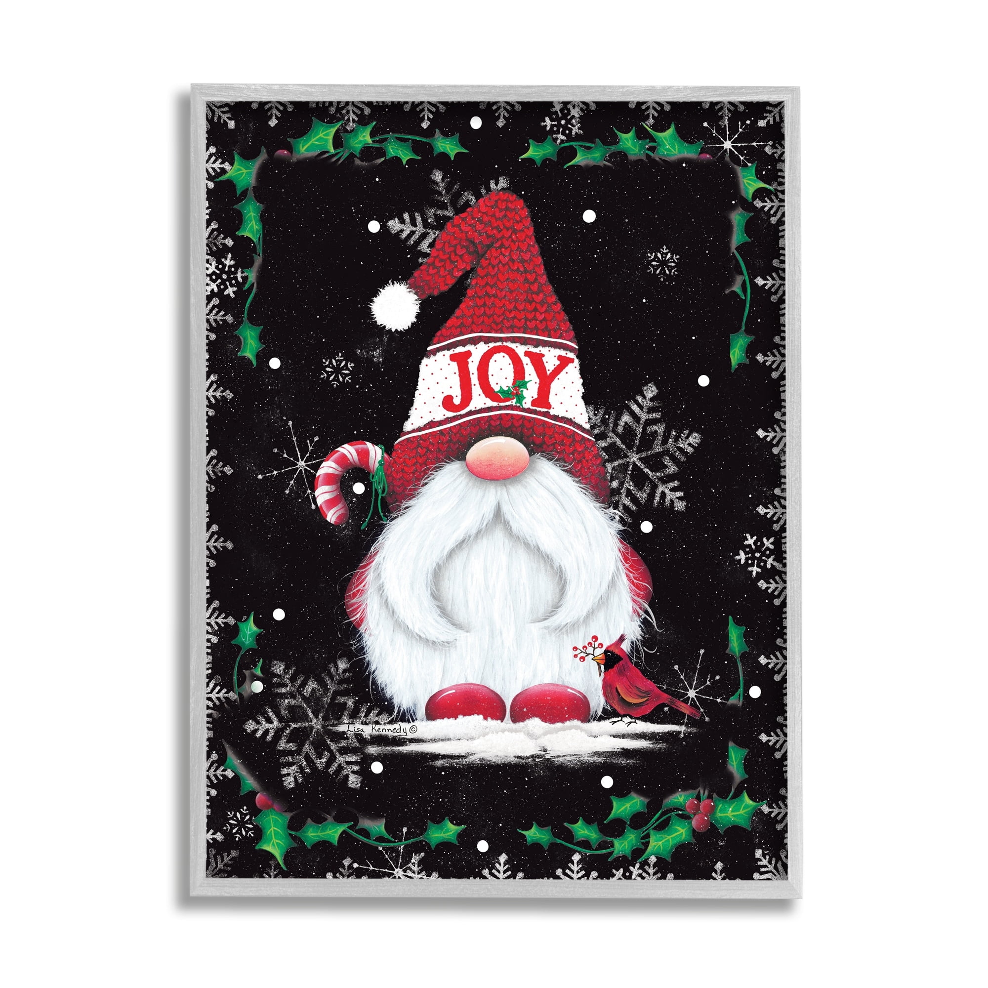 Joyful Red Gnome & Cardinal Holly Botanical Border Fairy Tales & Fantasy Graphic Art Framed Art Print Wall Art