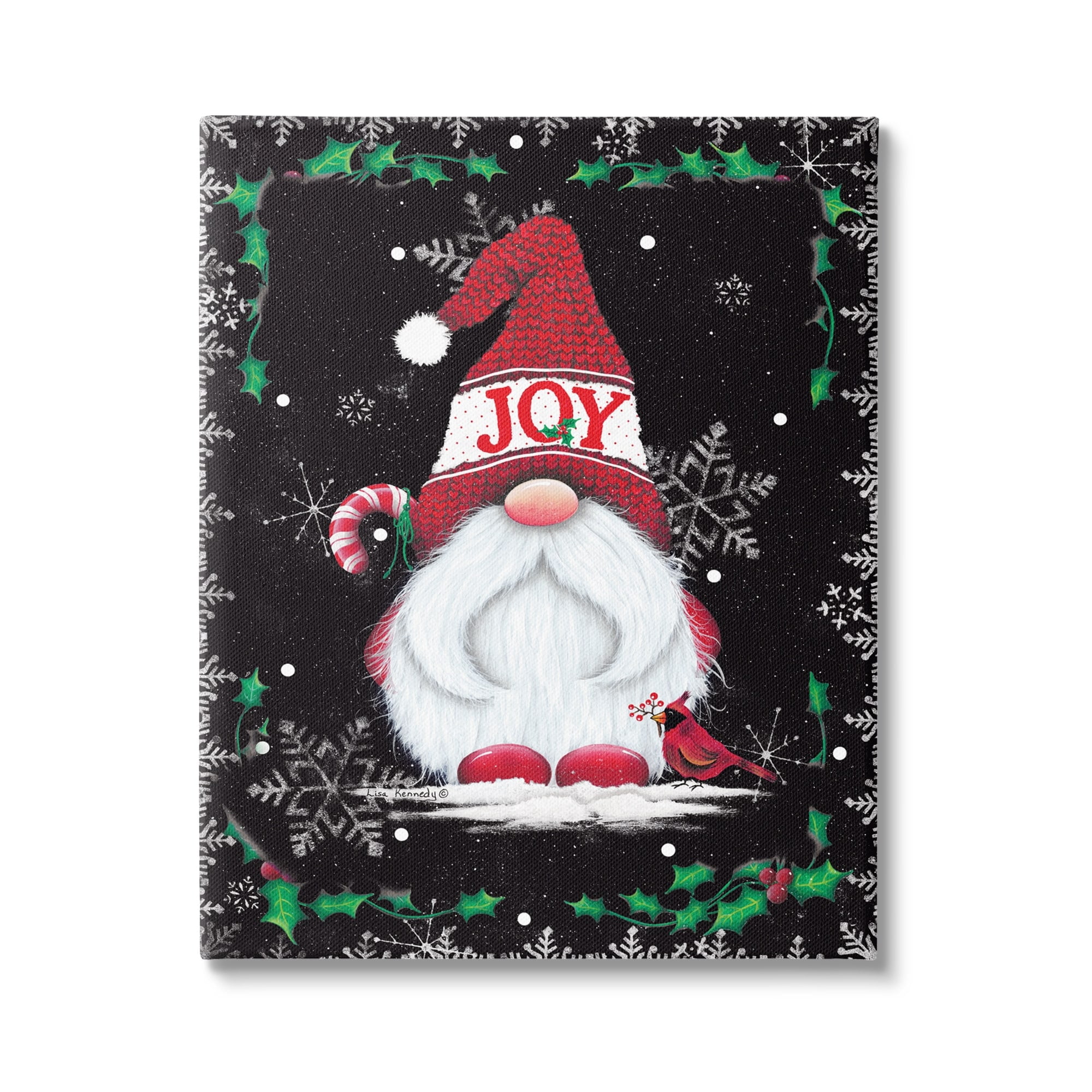 Joyful Red Gnome & Cardinal Holly Botanical Border Fairy Tales & Fantasy Graphic Art Gallery-Wrapped Canvas Print Wall Art