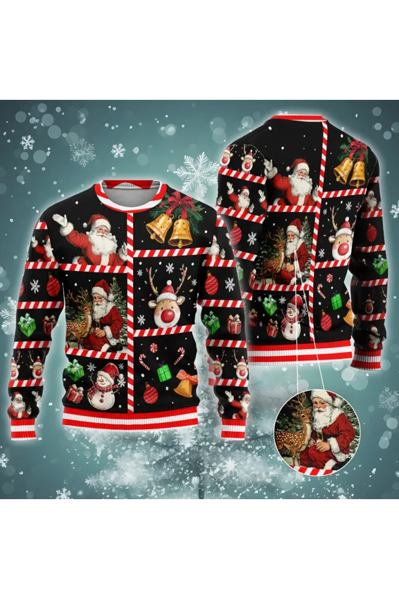 Joyful Santa With Deer Christmas Sweaters For Men Women, Merry Xmas All Over Printed Sweaters, Holiday Crewneck Unisex Pullover Sweaters